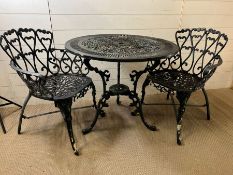 A metal Bistro set consisting of two chairs and table