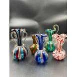 Five glass two handled vases