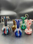 Five glass two handled vases