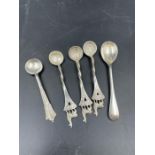 Five silver mustard spoons, various hallmarks and makers