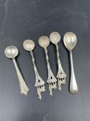 Five silver mustard spoons, various hallmarks and makers