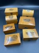 A selection of seven mauchline ware boxes, various styles