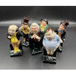 A selection of six Royal Doulton Pickwick papers figures: Tony Weller, Trotty Veck, Buzfuz, Fat Boy,