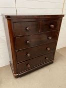 A mahogany chest of drawers, two over three with turned handles (H115cm W103cm D46cm)