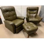 Two vintage button back easy armchairs and footstool by Parker Knolls, one in the style of an egg
