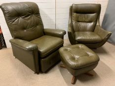 Two vintage button back easy armchairs and footstool by Parker Knolls, one in the style of an egg