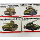 Four Boxed Bandai army tankers model kits, Panzerkampfwagen III-M, Gun Motor Carriage M12, U.SM4A3