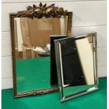 Two table top mirrors and a wall mirror, A lady vanity mirror with floral carving to top and an