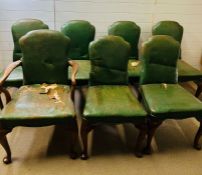 Seven library style dining chairs with pad feet, solid frames (leather is worn)