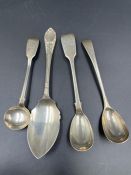 A selection of four hallmarked silver spoons, various makers, style and years.