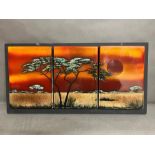 Three glazed tiles mounted, Sunset scene (72cm x 36cm)