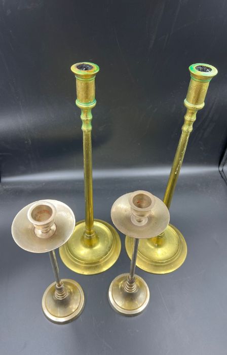 Pair of Arts & Crafts cast Brass plated Candlesticks & tall pair of 18th C. Style cast Brass - Image 4 of 4