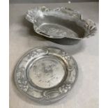 Art Nouveau Pewter Osiris bowl & Orivit plate both cast with stylised flora c. 1900