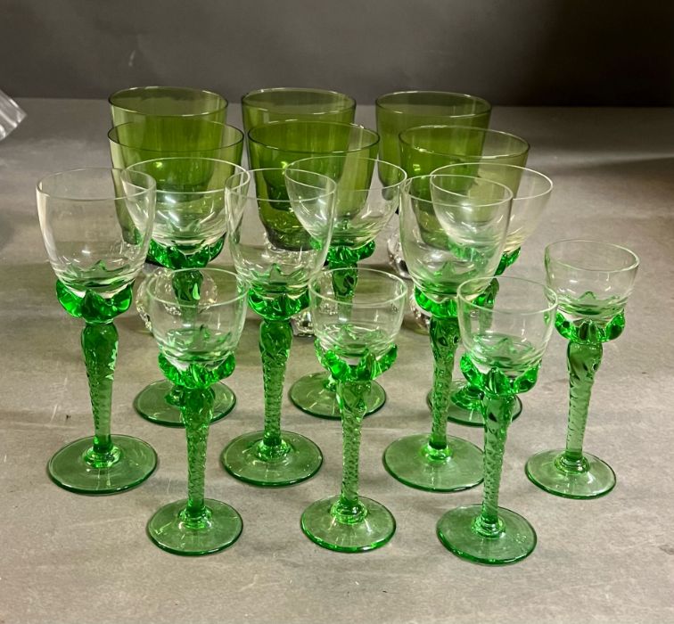 A selection of 60's clear and green glass