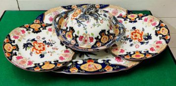 A large ironstone meat platter, a lidded pot and two plates with deony and prunus pattern