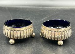 Pair of Hukin & Heath Silver Salts with their Blue Glass Liners Hallmarked for London 1884