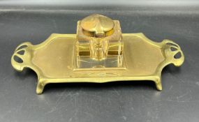 Art Nouveau German Brass Inkstand & cut glass well with hinged lid registered design mark to base c.