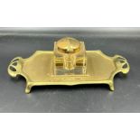 Art Nouveau German Brass Inkstand & cut glass well with hinged lid registered design mark to base c.