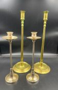Pair of Arts & Crafts cast Brass plated Candlesticks & tall pair of 18th C. Style cast Brass