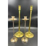 Pair of Arts & Crafts cast Brass plated Candlesticks & tall pair of 18th C. Style cast Brass