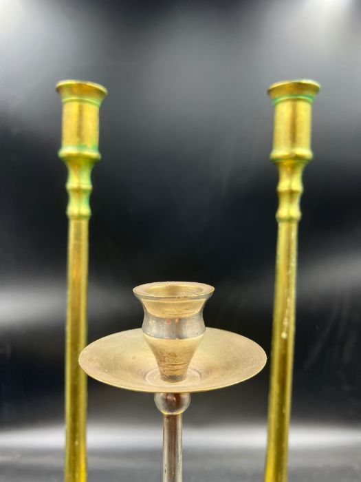 Pair of Arts & Crafts cast Brass plated Candlesticks & tall pair of 18th C. Style cast Brass - Image 3 of 4