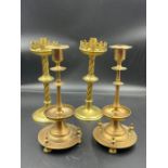 Pair of Reformed Gothic cast Brass Candle Sticks & pair of cast Bronze Candlesticks 22 cms. H