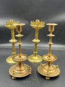 Pair of Reformed Gothic cast Brass Candle Sticks & pair of cast Bronze Candlesticks 22 cms. H