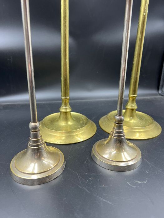 Pair of Arts & Crafts cast Brass plated Candlesticks & tall pair of 18th C. Style cast Brass - Image 2 of 4