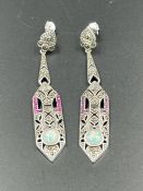 A Pair of Art Deco style ruby and opal set silver earrings