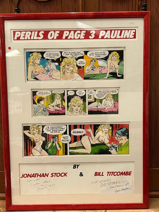 Perils of page three cartoon, framed and signed (57cm x 77cm)