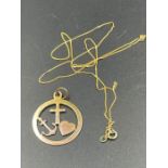 A 9ct gold pendant with heart and anchor motif and chain (2.2g)