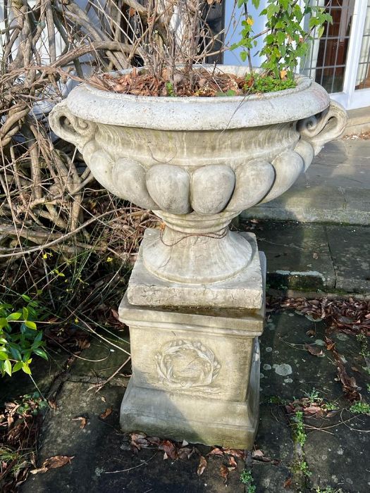 A pair of regency design composition stone campana shaped garden urns on plinth (80cm handle to - Image 2 of 4