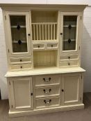 A painted dresser with glazed doors, plate rack, cupboard and drawers below (H210cm W160cm D59cm)