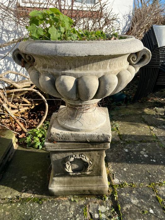 A pair of regency design composition stone campana shaped garden urns on plinth (80cm handle to - Image 3 of 4