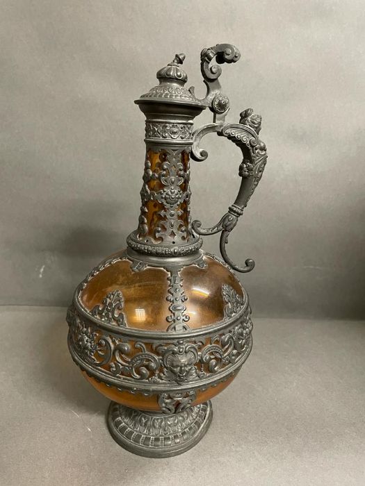 A Theresienthal German Amber glass pewter mount wine/claret jug.