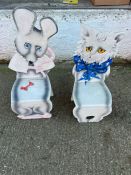 Two vintage wooden children's chairs depicting a cat and a mouse