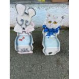 Two vintage wooden children's chairs depicting a cat and a mouse