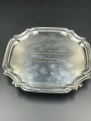 Engraved silver tray on four shell feet by Hyghpoint Import and Export Ltd, hallmarked for