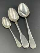 Three assorted silver spoons, various hallmarks and makers, two Georgian.