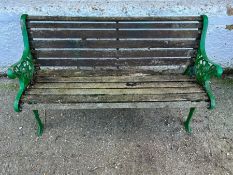 A garden bench with ornate metal ends with rose crest AF (H71cm W128cm D55cm SH40cm)