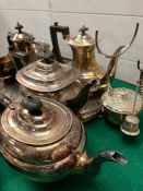 A collection of silver plate teapots, coffee pots, jugs and bowls