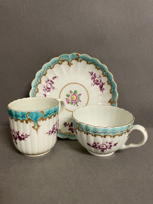 A Worcester porcelain fluted trio c.1775, saucer 5.5" across