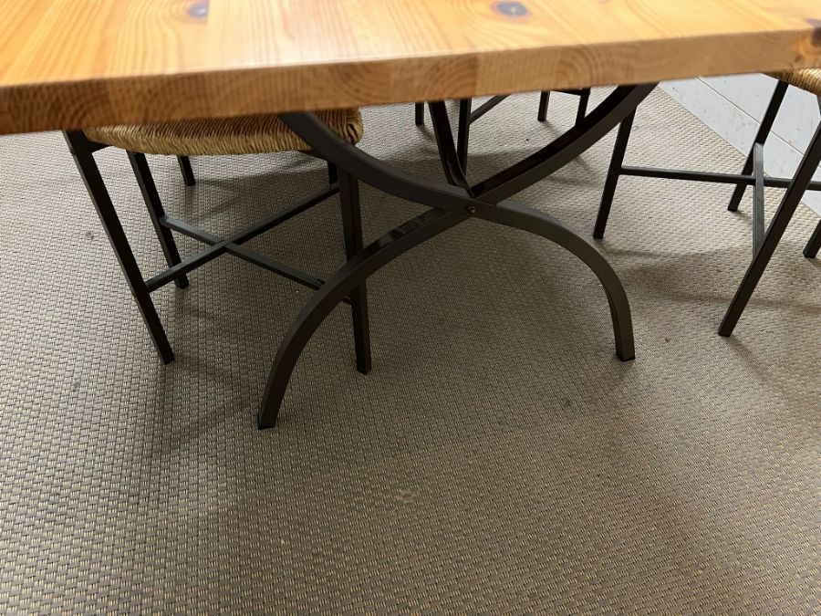 A pine dining table on metal legs and four chairs (180cm x 78cm x 72cm) - Image 3 of 4