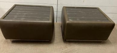 A pair of leather square side tables with glass top and chrome base (H45cm W60cm D50cm)