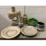 A selection of various stoneware items including retro lava vase, abstract vase, dip pot and