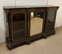 A French style ebonised breakfront side cabinet mirrored centre flanked by glazed display