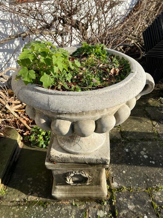 A pair of regency design composition stone campana shaped garden urns on plinth (80cm handle to - Image 4 of 4