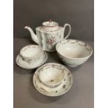 A New Hall c.1790-95 rose pattern porcelain teapot, bowl, two tea bowls and saucers