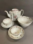 A New Hall c.1790-95 rose pattern porcelain teapot, bowl, two tea bowls and saucers