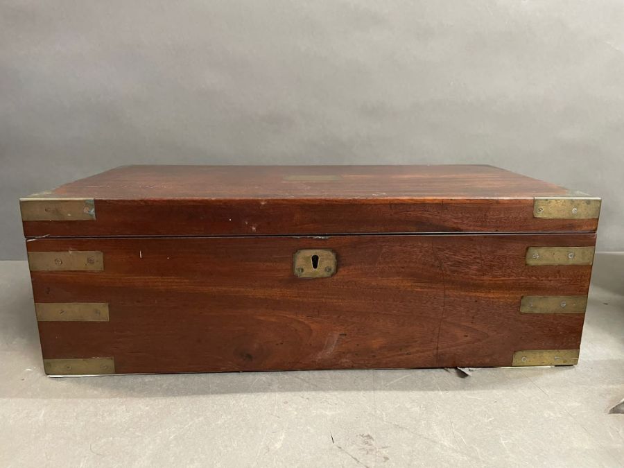 A Mahogany Writing box, with black leather slope, brass corners, hidden compartment - Image 5 of 8